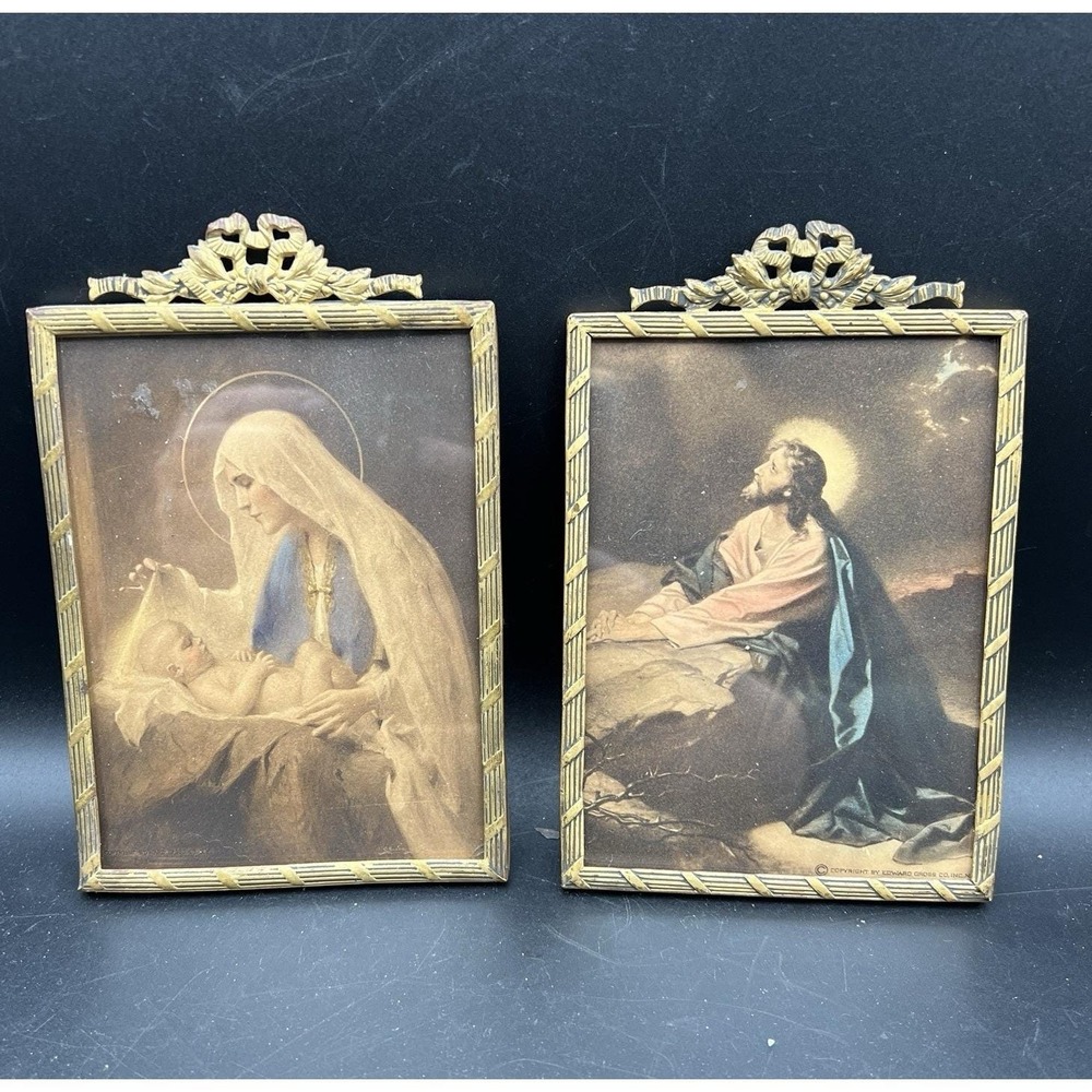 Vintage Jesus & Madonna and Child Brass Gold‎ Framed Portraits Ornate Small Thin
